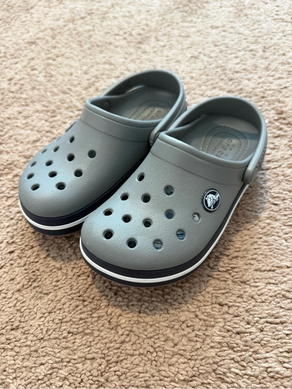 Kids Gray Crocs with Navy and White Stripes